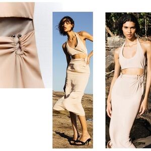 Zara beige cream cut-out halter top midi dress spring summer stretchy Sz M NWOT